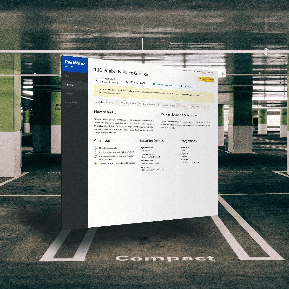 Parkwhiz parking admin screen